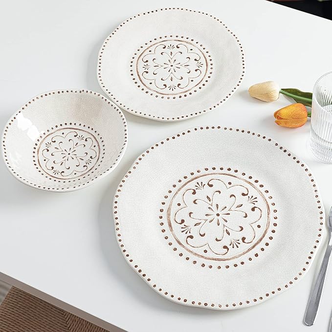 LEHAHA Beaded Crackle 12 Piece Melamine Camping Dinnerware Set Plates and Bowls Sets Indoor and Outdoor Use Break-Resistant Rustic RV Dishes Set Service for 4(Ivory)…