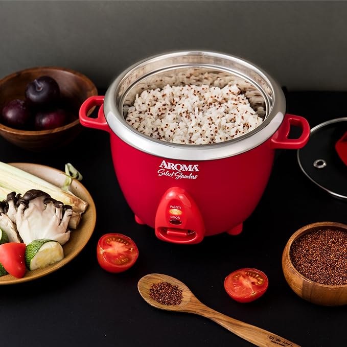 Aroma Housewares Select Stainless Rice Cooker &amp Warmer with Uncoated Inner Pot 6-Cup(cooked)/ 1.2Qt ARC-753SGR Red
