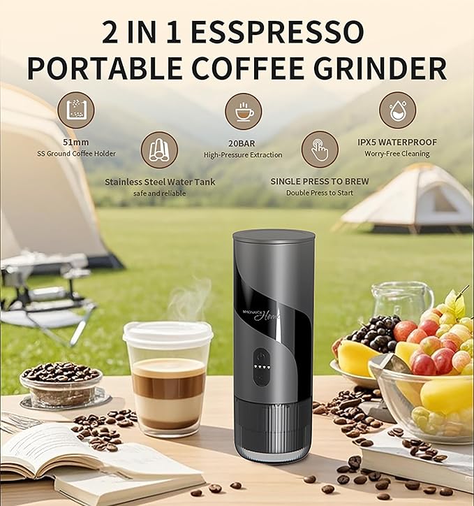 Magnavox HOME Portable Espresso Coffee Maker (Grounds or Pods) with Fast Brew Technology &amp Single Touch Control Ideal for Offices or Travel
