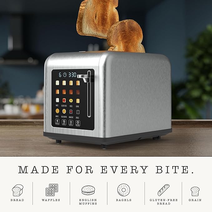 Rae Dunn 2 Slice Smart Toaster Digital Display Wide Slots 8 Browning Levels 6 Bread Types 4 Functions (Defrost Reheat Cancel Add Time) 825W Digital Stainless Steel