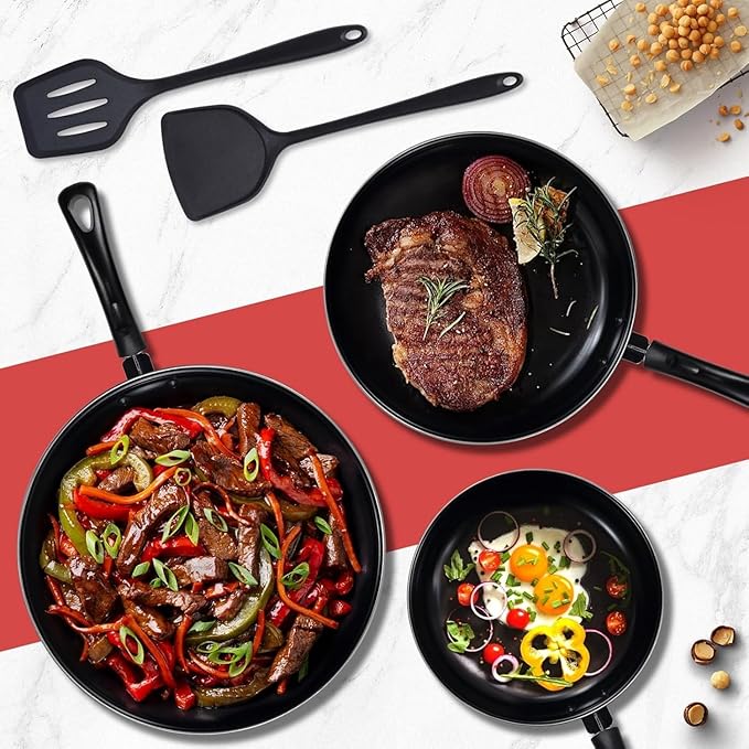 Nonstick Frying Pan Set - Iron Frying Pan 3-Piece Set (8 10 12) + 2 Silicone Spatulas With Premium Nonstick Coating Up to 450°F Skillet Suitable for Induction Gas &amp More