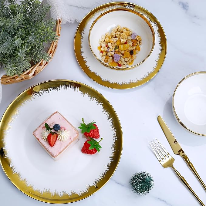 12 Pieces Plates and Bowls SetsPorcelain Round Dinner Plates Dishes Set with Gold Rim for 4 White bone china Plates and Bowls Dishwasher Safe and Scratch Resistant Luxury Tableware Set
