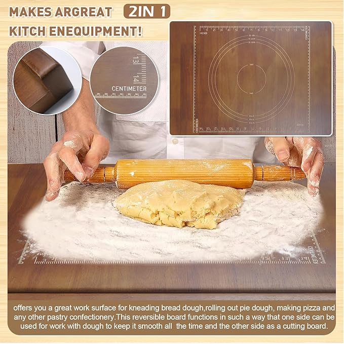 24 x 20 Reversible Wooden Pastry Board Wood Pasta Board with Lip Bread Board Cutting Board Chopping Board Pie Board with Engraved Ruler for Counter Top Kitchen-Brown