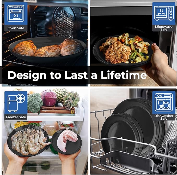 MIAMIO – Service for 6 Dishware Set/Stoneware Dinnerware Set – Including Plates Soup Plates and Bowls – Microwave &amp Dishwasher Safe – Le PaPillon Collection (Black 24-Pieces)
