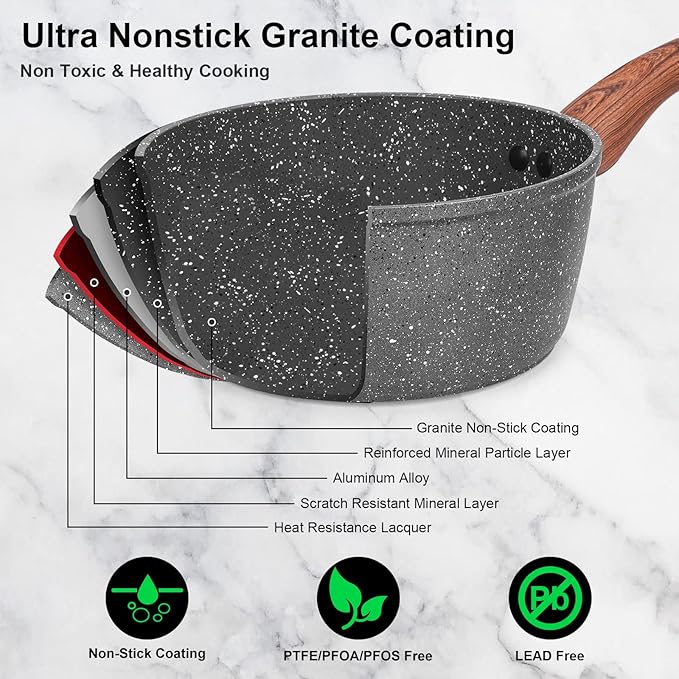Granite Pots and Pans Set Non Stick 11 Piece Die-Cast Induction Cookware Set Nonstick Kitchen Cooking Set w/Frying Pans &amp Saucepans PFOA Free