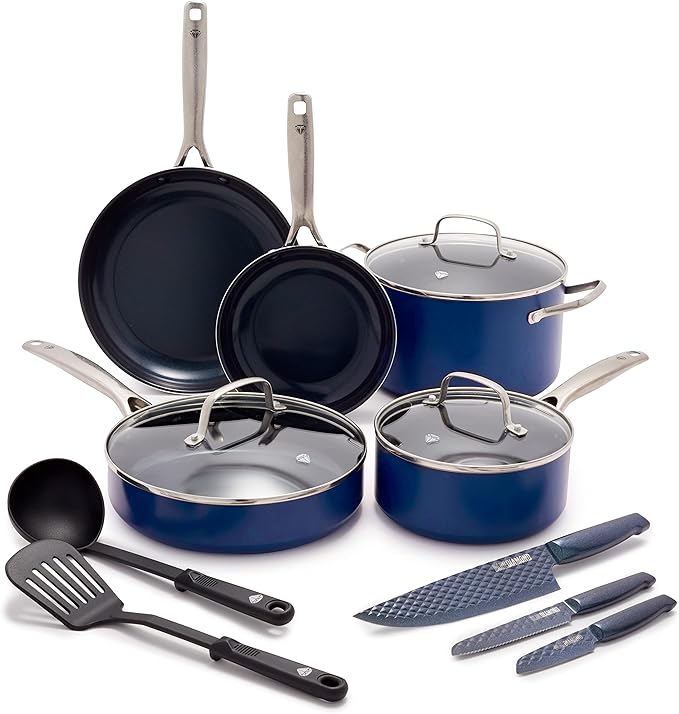 Blue Diamond Cookware Diamond Infused Ceramic Nonstick 10 Piece Cookware Pots and Pans Set Blue &amp Sharp Stone Nonstick Stainless Steel Cutlery 3 Piece Set Blue