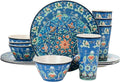 16-Piece Melamine Dinnerware Set – Lightweight Blue Floral Dishes for 4 – Durable Outdoor &amp Indoor Plates and Bowls – Hand-Painted Look Dishwasher Safe (Blue)