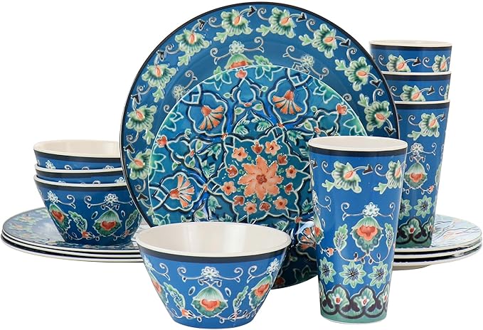 16-Piece Melamine Dinnerware Set – Lightweight Blue Floral Dishes for 4 – Durable Outdoor &amp Indoor Plates and Bowls – Hand-Painted Look Dishwasher Safe (Blue)