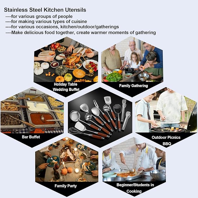 Kitchen Utensils Set Stainless Steel with Wooden HandleMetal Cooking Utensils Set 12 PCSSpatulasLadleSkimmerTunnersSpaghetti SpoonForkPotato MasherEgg WhiskTongs
