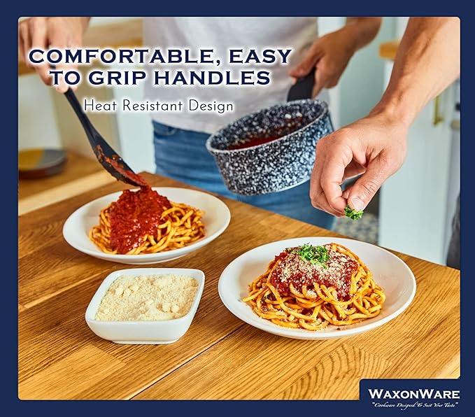 Waxonware 7pc Nonstick Cookware Set Granite Pots and Pans Set Nonstick - Dishwasher Safe and 100% PFOA &amp PTFE Free - Kitchen Pot and pan set - Stonetec Series