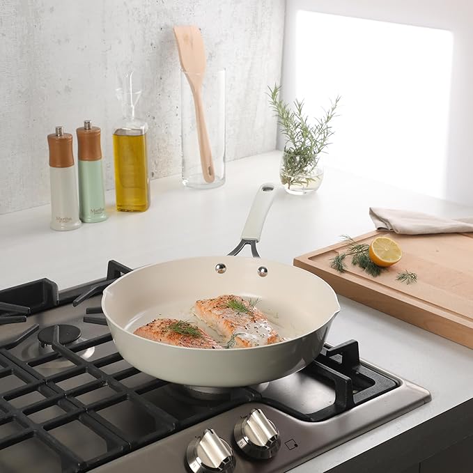 Martha Stewart Heathland 11 Inch Aluminum Fry Pan with Premium Ceramic Non-Stick Coating - Kitchen &amp Omelet Pan Linen White Induction Safe