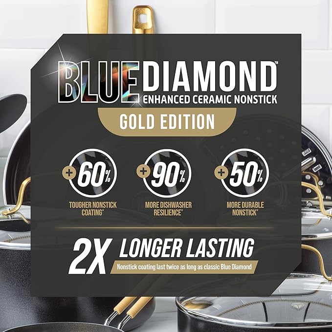 Blue Diamond Gold 12 Piece Cookware Set PFAS-Free Ceramic Nonstick Pots &amp Pans Induction Ready for All Cooktops Kitchen Serving Utensils Dishwasher Safe Black