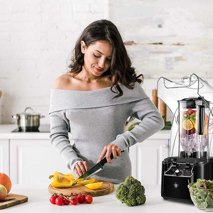 Commercial Blender for Smoothies 2200W with Soundproof Cover2200 ML15 Speeds6-leaves Stainless Steel BladeHeavy Duty Blender for RestaurantIce CrushShakes (Black)