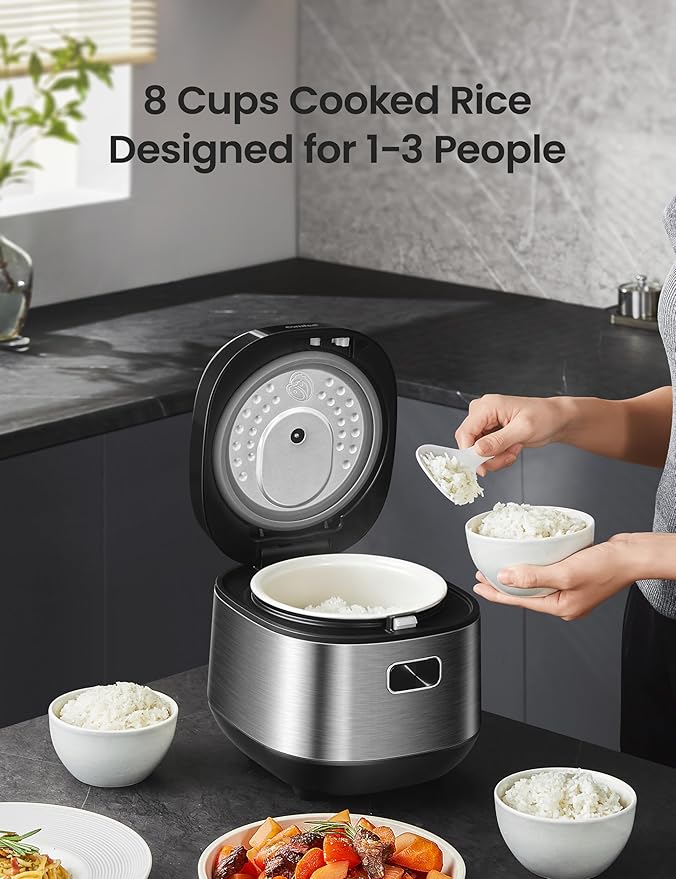 COMFEE' Compact Rice Cooker 8 Cups Cooked/4 Cups Uncooked 9-in-1 Multi Cooker Fast Rice Maker Steam Brown Rice Grains Fuzzy Logic Technology Grey
