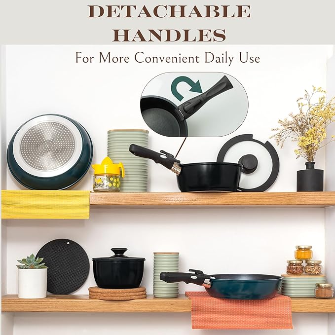 Moss &amp Stone Aluminum Pots And Pans Set Nonstick Removable Handle Cookware Stackable  Dishwasher Safe Induction Camping Cookware Set. (10 Pieces Blue)