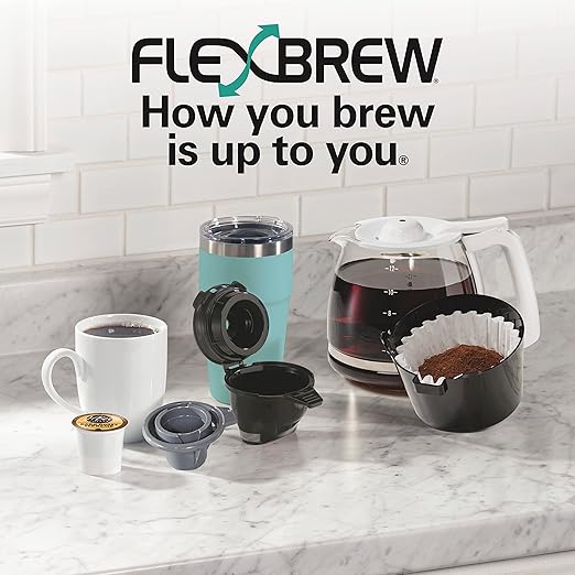 Hamilton Beach FlexBrew Trio 2-Way Coffee Maker Compatible with K-Cup Pods or Grounds Combo Single Serve &amp Full 12 Cup Coffee Pot White Fast Brewing Removeable Reservoir