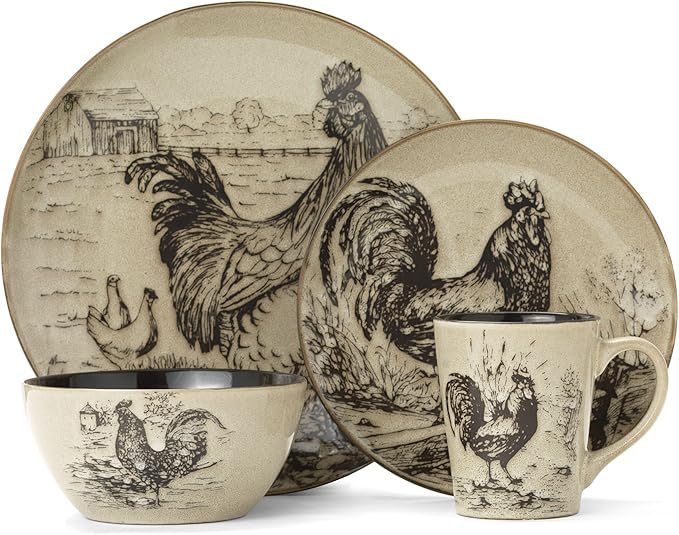 Pfaltzgraff Homespun Rooster 16-Piece Dinnerware Set Service for 4 Brown