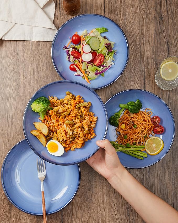 16 Piece Double Bowl Dinnerware Sets for 4-Modern Blue Stoneware Dinnerware Set-Scratch Resistant Dishwasher Safe Plates and Bowls Sets Ceramic Dish Set Bowl and Plate Set