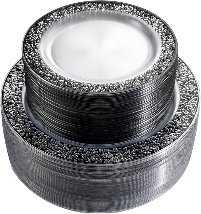 U-QE 100pcs Clear and Black Plastic Plates - Black Plates Disposable for Party - Disposable Plates for Premium Party Supplies Including 50 Dinner Plate 10.25 '' &amp50 Dessert 7.5 '' Plate