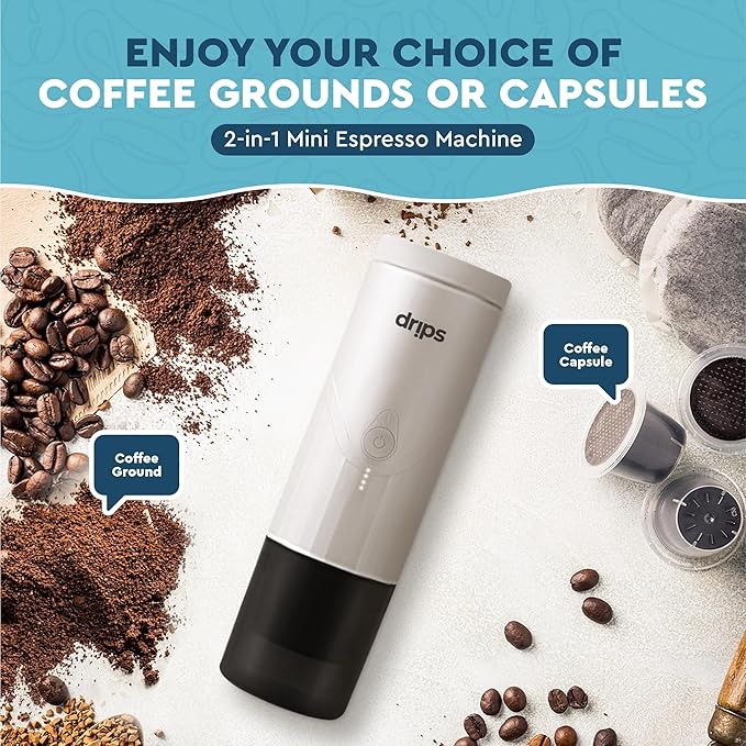 drips Portable Electric Espresso Machine with 3-4 Minute Self-Heating 20 Bar Mini Coffee Maker Compatible with NS Capsule &amp Ground Coffee for Camping Travel Hiking Office (Matte Black)