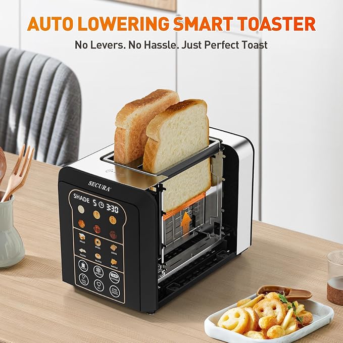 Secura 2 Slice Automatic Toaster Touch Screen Smart Toaster with Digital Timer 6 Bread Type &amp 6 Browning Levels Reheat Deforst +10s Extended Customizable Memory Settings Great for Home RV Off