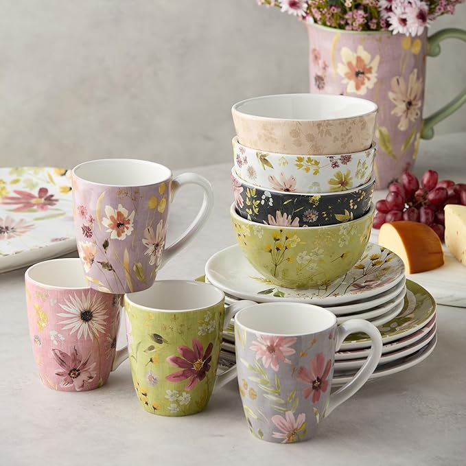 Wildflowers Ceramic 16-Piece DINNERWARE SET SERVICE for FOUR with Floral Watercolor Dinner Plates Salad Plates Mugs and Ice Cream Bowls Artistic Garden-Inspired Botanical Tableware