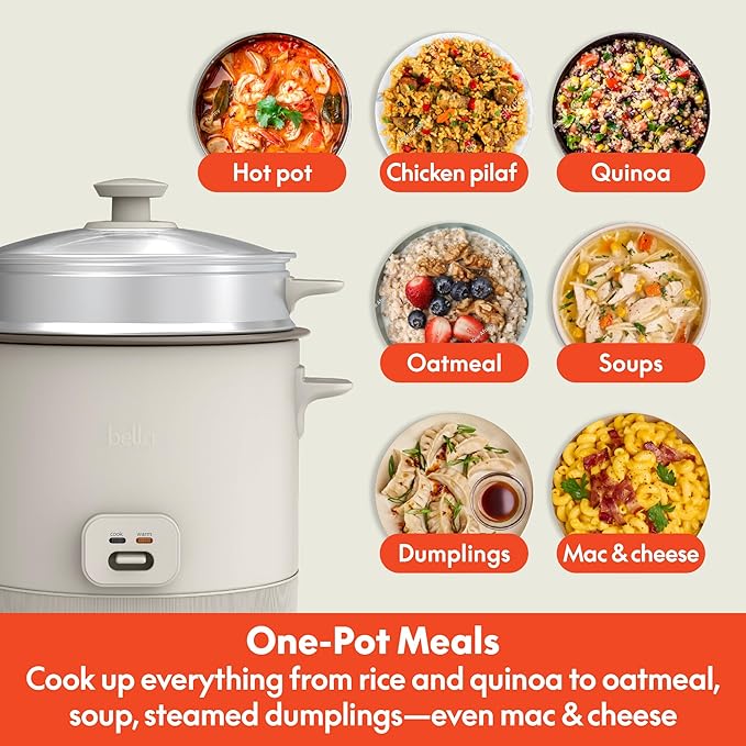 bella 16 Cup Rice Cooker with Steamer Dishwasher Safe Steaming Basket Rice Paddle and Measuring Cup Removable Nonstick Cooking Bowl Automatic Keep Warm Function 400 Watt Oatmilk