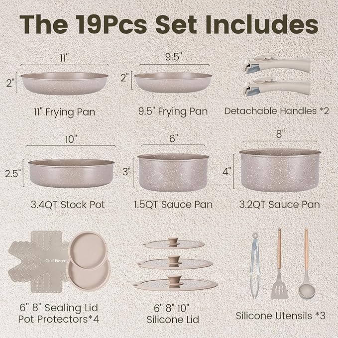 Chef Power Ceramic Nonstick Pots and Pans Set 19 Piece with Detachable Handle Induction Dishwasher Oven Safe Cookware Set RV Kitchen Set Removable Handle Mocca Taupe