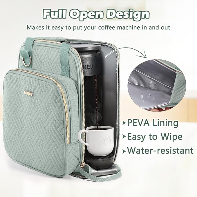 BAGSPRITE Coffee Maker Travel Bag Compatible with Keurig K-Mini Mate Full Open Carrying Case with Quilted Padded Soft Microfiber K--Cup Single Serve Coffee Maker Bag with Pod Organizer Mug Pockets
