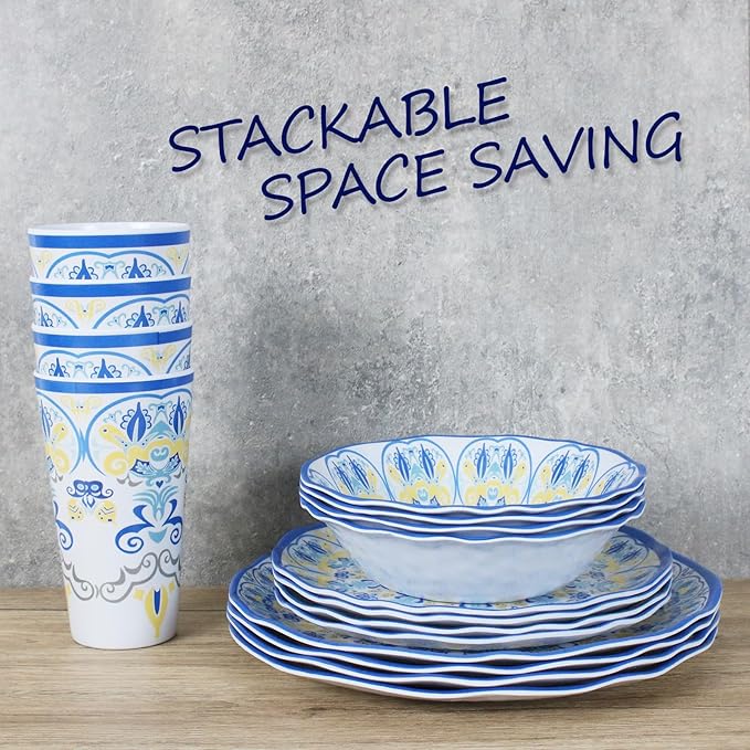 Melamine Dinnerware Set for 4-16 Pcs:Camping Dishes Set with Dinner PlatesSalad Plates Bowls and Cups.Lightweight and Unbreakable.Indoor and Outdoor Use.