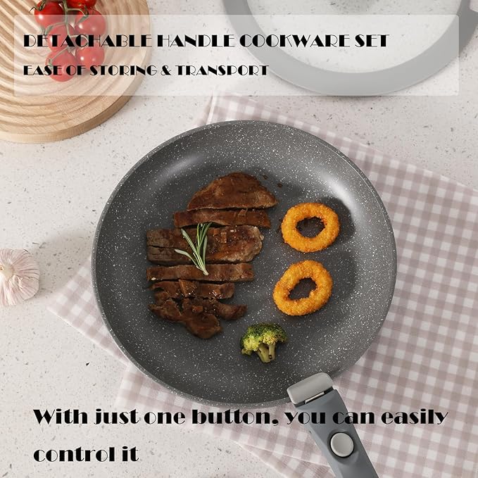 Gray Non Stick Pot and Pan Set with Removable Handle Ceramic Cookware Set Detachable Handle 5pcs Induction Kitchen Camping Stackable Pots Pans Dishwasher/Oven Safe PTFE/PFAS/PFOA Free