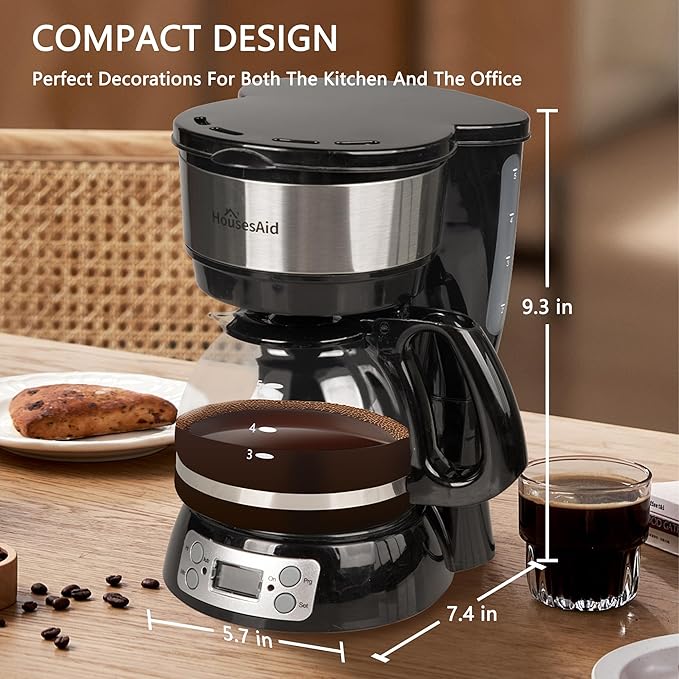 5-Cup Programmable Drip Coffee Maker with Digital Timer Glass Carafe24-Hour Auto Brew2-Hour Auto Shut-Off Pause &amp Pour Removable Filter BasketCompact Coffee Machine for Home &amp Office