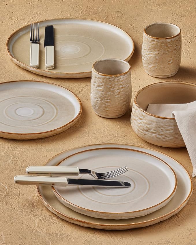 Stone by Mercer Project SHOSAI 16-Piece Stoneware Dinnerware Set Plates and Bowls Set Modern Dishware set fo 4 Sand