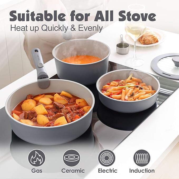SENSARTE 17 Piece Ceramic Pots and Pans Set Nonstick Detachable Handle Cookware Induction Kitchen Cookware Set with Removable Handle Dishwasher ＆ Oven Safe (Gray)