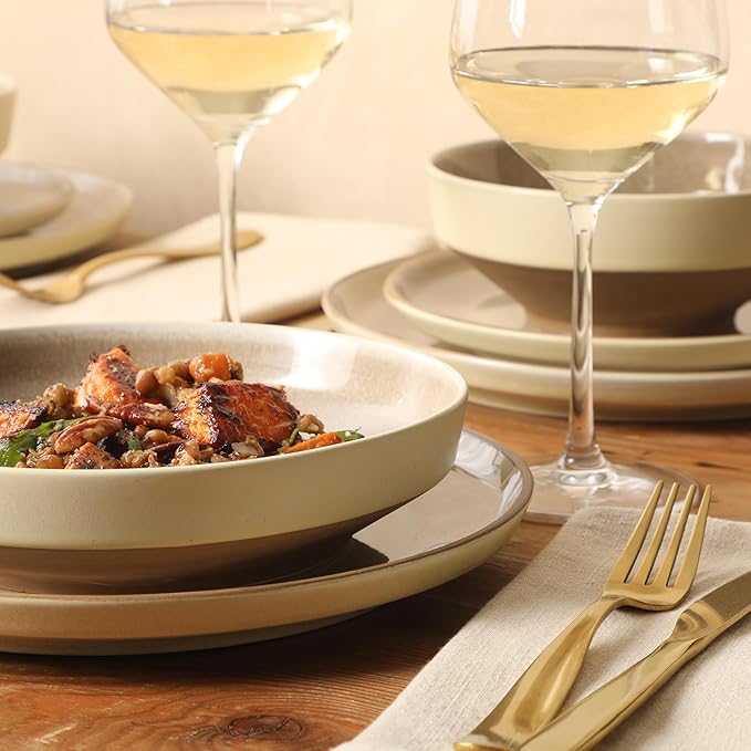 Gibson Elite Octavia Place 16 Piece Stoneware Dinnerware Set Service for 4 Coupe Modern Plates &amp Bowls Reactive Glaze Finish Taupe Microwave &amp Dishwasher Safe