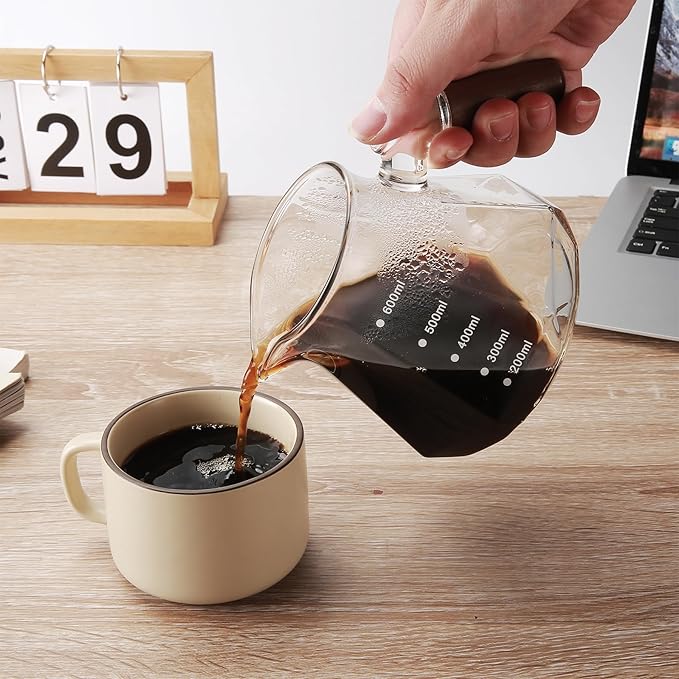 Pour Over Coffee Maker 20 oz Borosilicate Glass Set with 100 pcs Paper Filter Coffee Dripper with Walnut Collar Coffee Pot with Glass Lid 1-3 Cups Clear (600 ml)