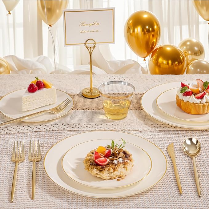 bUCLA 150PCS Ivory Plastic Plates with Gold Trim - Heavy Duty Cream Plastic Disposable for Party &amp Wedding - Include 25 Each（Dinner &amp Dessert） Plates 25 Knives 25 Forks 25 Spoons &amp 25 C