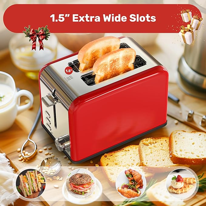 YSSOA Stainless Steel Toaster 2 Slice with Extra Wide Slot &amp Removable Crumb Tray 6 Shade Settings and Bagel/Defrost/Cancel Functions Compact Oven for Various Bread &amp Waffle Red New