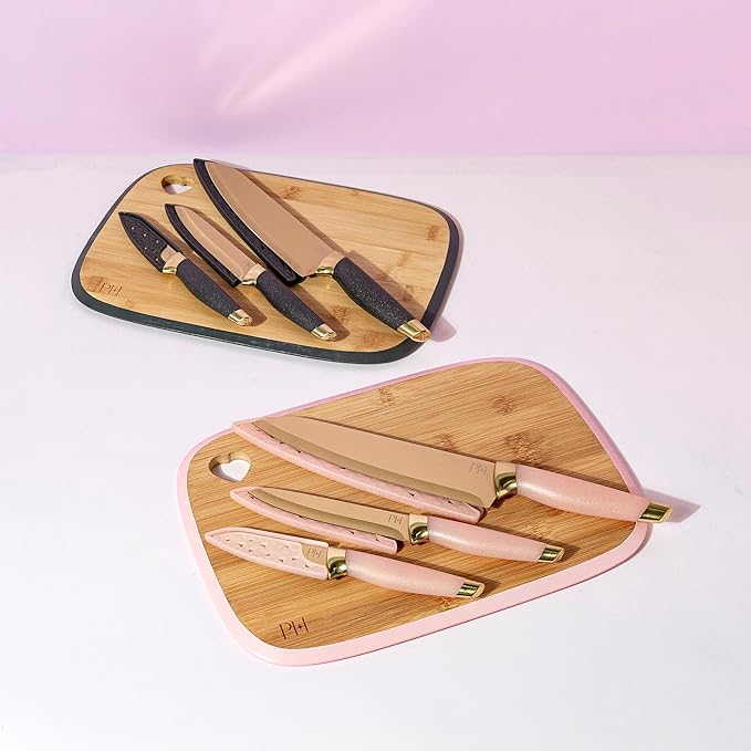 Paris Hilton Reversible Bamboo Cutting Board and Cutlery Set with Matching High Carbon Stainless Steel Knives Blade Guards Sleek Yet Comfortable Handle Grips 7-Piece Set Gold Pink