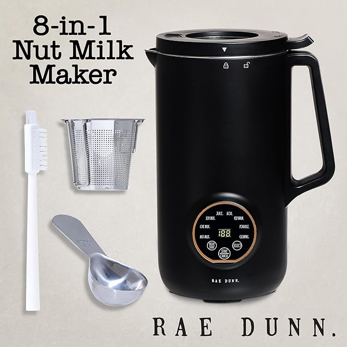 Rae Dunn 8-in-1 Nut &amp Plant Milk Maker – Almond Oat Soy &amp More – 800ml Cold / 700ml Hot – Automatic Delay Start Self-Clean – Includes Stirrer Measuring Cup &amp Brush Black