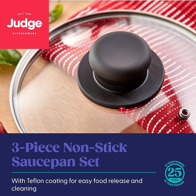 Judge Everyday 3 Piece Cookware Set Non Stick Pot Set 3-Pieces 16cm 18cm 20cm Saucepans Aluminium Pots with Heat Resistant Handles Not Suitable for Induction Hobs Compatible with All Other Hobs