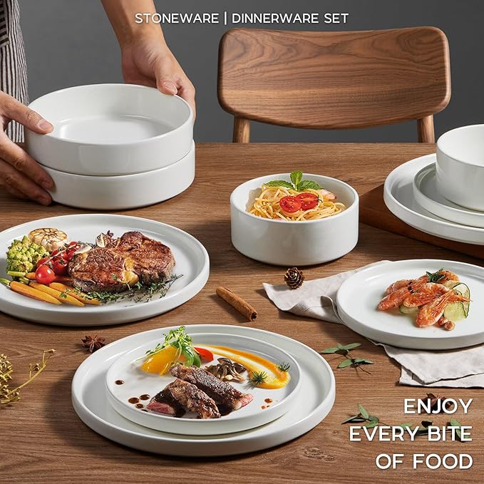 Stoneware Dinnerware Sets for 2 Onader Speckled Plates and Bowls 8 Pieces Ceramic Dish Dinner Set with Pasta Bowl Microwave &amp Dishwasher Safe - Cloud White