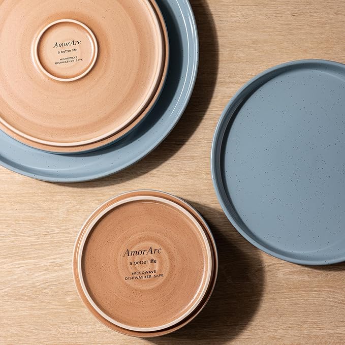 AmorArc Ceramic Dinnerware Set for 6 | Speckled Stoneware Plates and Bowls with Rustic Terracotta Underside| Scratch ResistantDishwasher &amp Microwave Safe Dishes Sets- 18pcs Blue