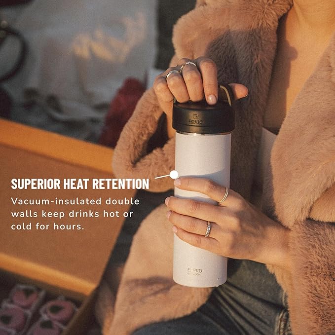 ESPRO P0 Ultralight French Press Coffee Maker for Travel Vacuum Insulated Stainless Steel 16 Ounces Chalk White