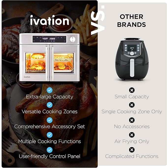 Ivation Dual Zone Air Fryer French Door Oven - 32 Quatity Convection Toaster Combo 10-in-1 Multifunction Up to 450° - 1800W - Temperature Control Timer - Stainless Steel - Dehydrate Bake Roast