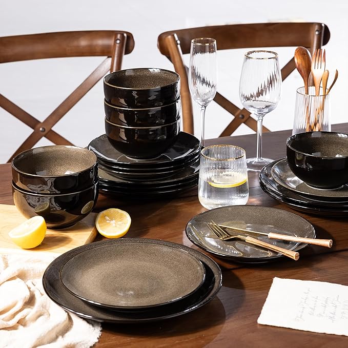 LeRatio Ceramic Dinnerware Sets for 6Stoneware Plates and Bowls SetsHandmade Reactive Glaze Dishes SetChip Resistant and Scratch Resistant | Oven&ampDishwasher &amp Microwave Safe-Chestnut(18PCS)