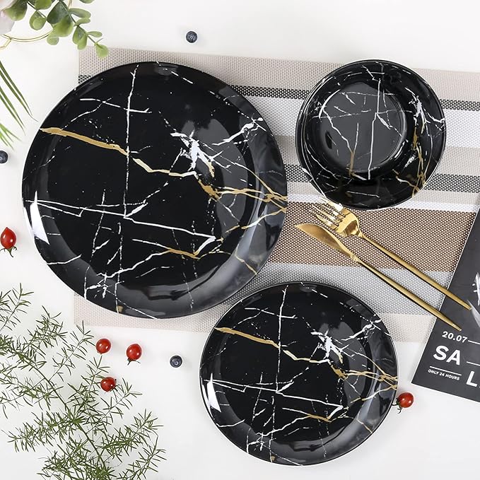 Melamine Dinnerware Set - 12pcs Plates and Bowls Sets Best for Indoor and Outdoor Party BPA-Free Dishwasher Safe Kitchen Dinner Set with Black Marble Pattern