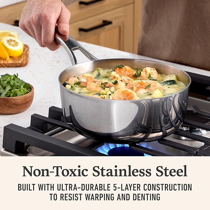 Calphalon Premier Polished 5-Ply Stainless Steel Cookware w/Turbo Heat Tech 2.5Qt Chef's Pan with Lid Induction Oven Safe 500F PFOA Free Polished Stainless Silver