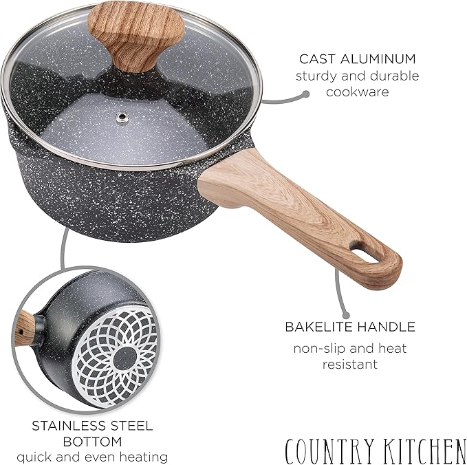 Country Kitchen Non-Stick Cast Aluminum Cookware Set - Durable Kitchen Cookware for Everyday Cooking Speckled Grey 6 Pc.