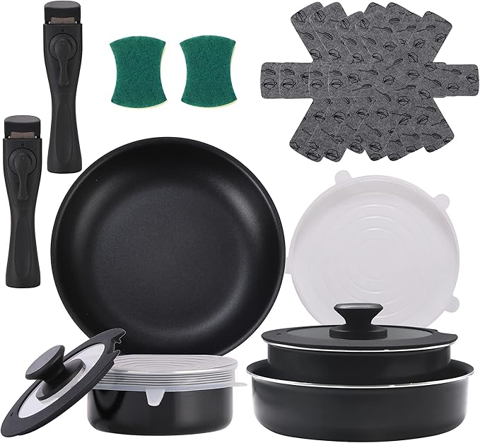 16 Pieces Kitchen Removable Handle Cookware Sets Stackable Pots and Pans Set Nonstick for Induction Gas RVs Camping Space Saving